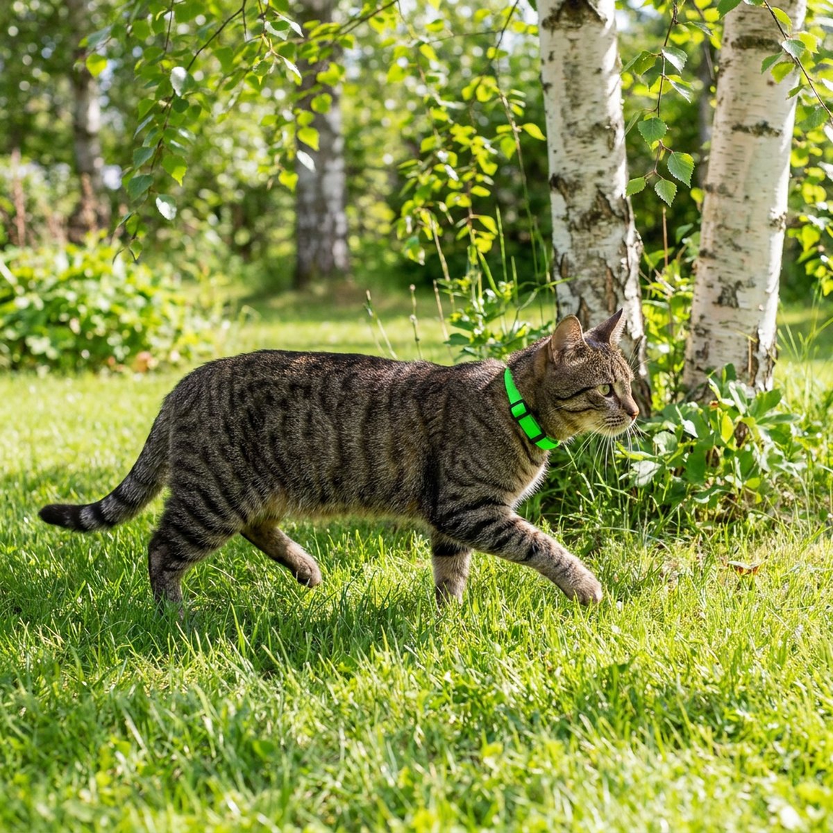 Tabby-katt med beige naturligt fästinghalsband promenerar i grönt gräs i en skandinavisk trädgård med björkträd i bakgrunden