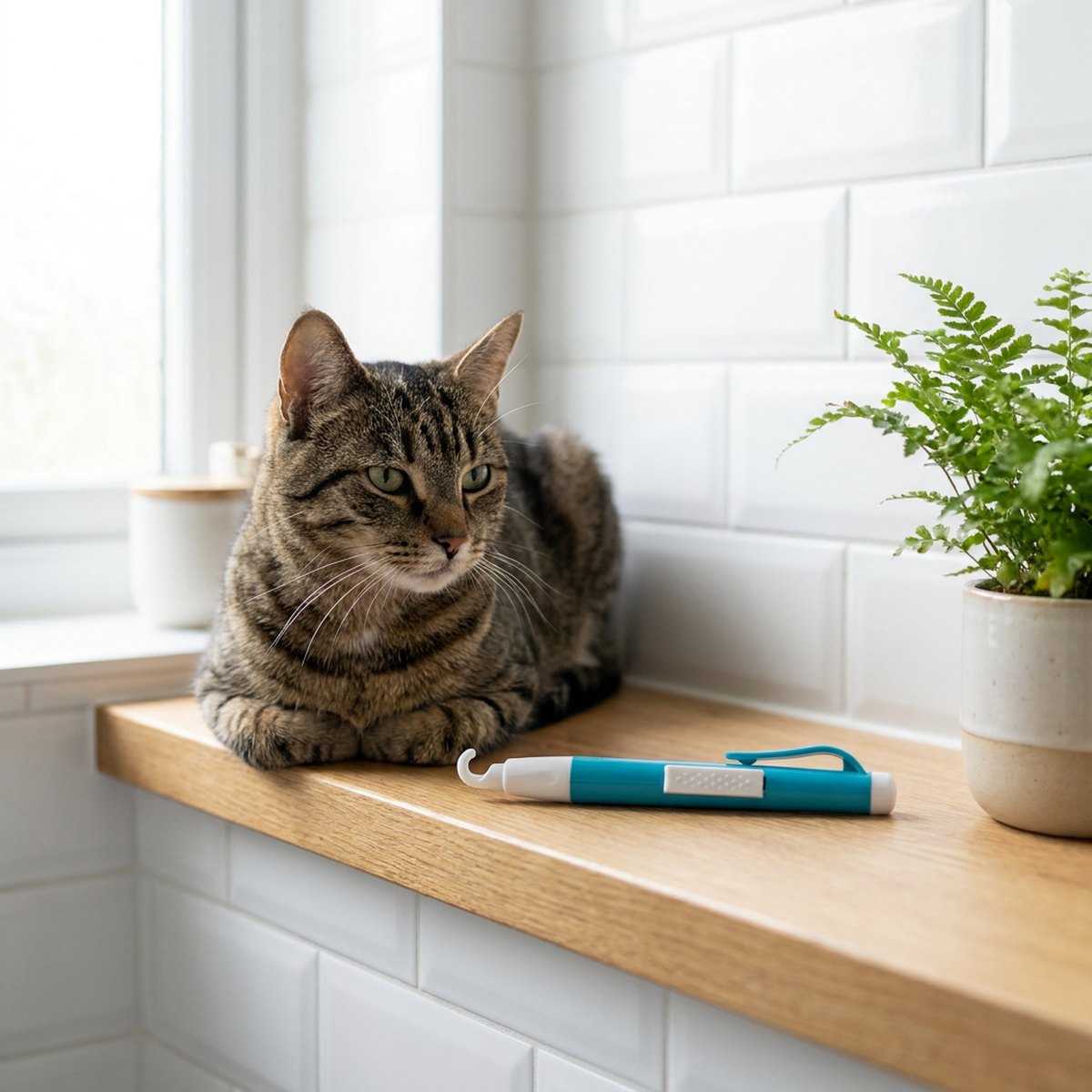 Tryckknappsformad turkos fästingplockarpenna liggandes på en trälänga i ett ljust badrum bredvid en avslappnad tabby-katt