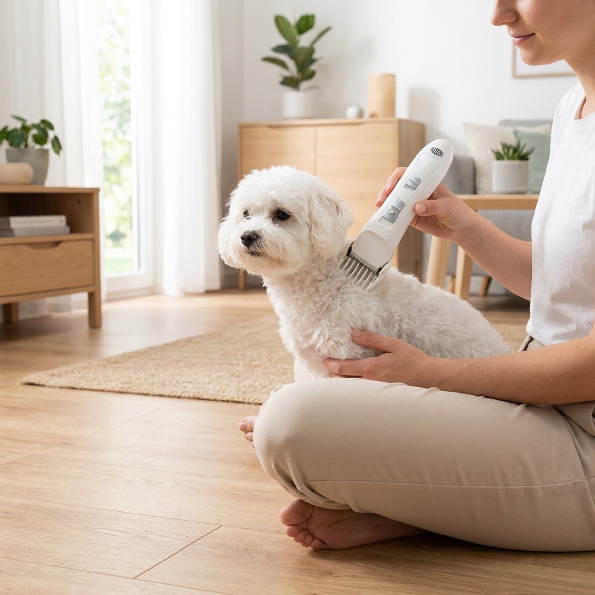 Person som sitter på golvet och klipper en liten vit hund med en vit sladdlös Trixie 1150-trimmer i ett ljust skandinaviskt vardagsrum