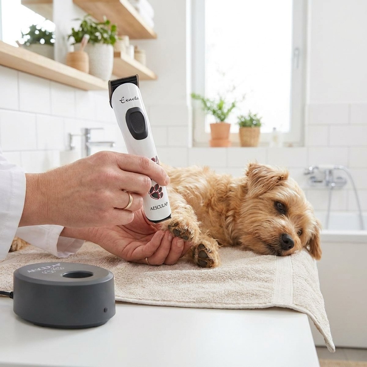 Person i vit rock som försiktigt klipper tassarna på en liten lurvig hund med Aesculap Exacta GT416 precisionstrimmer på ett handduketäckt bord i skandinaviskt badrum, med laddningsdocka synlig