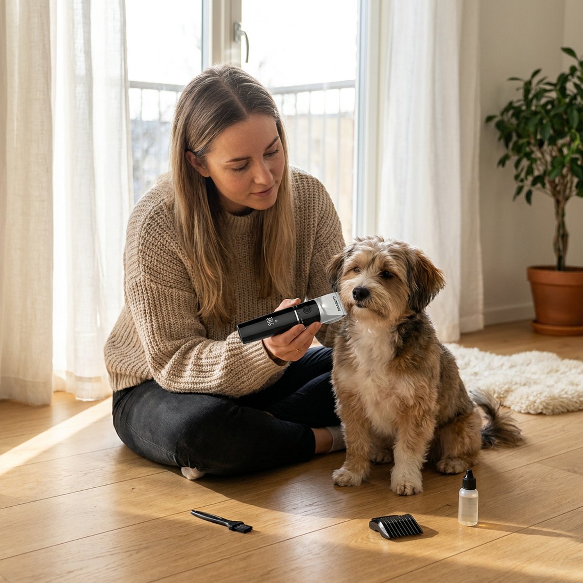 Hundägare som sitter på ett ljust trägolv och klipper en liten hund med en svart sladdlös Clipster Delox-trimmer med groomingtillbehör bredvid