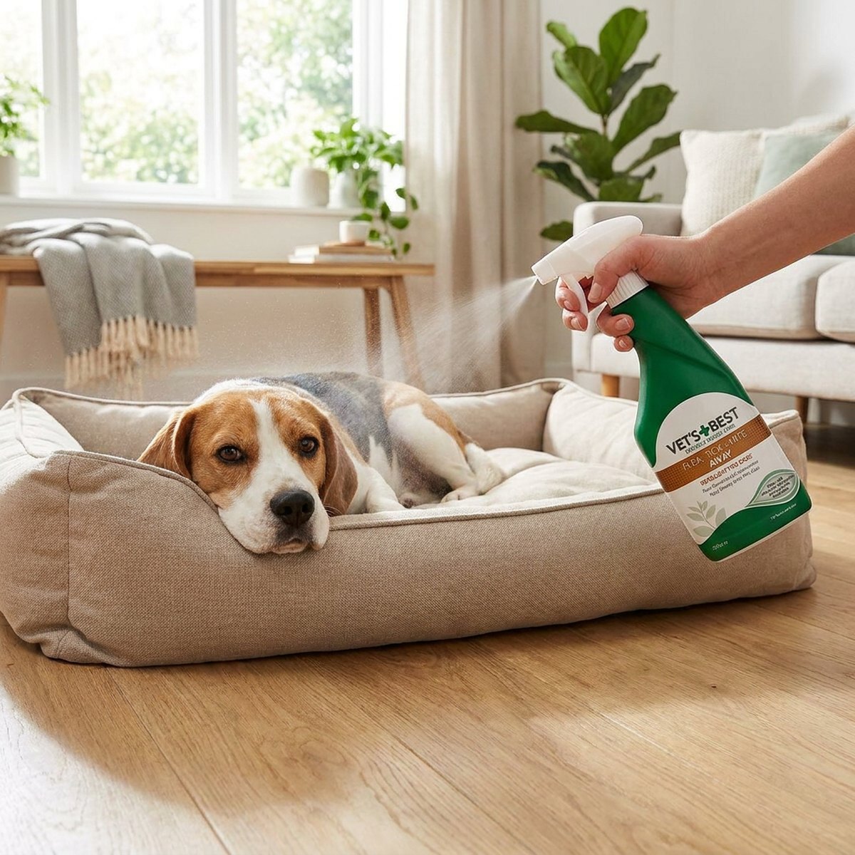 Grön Vet’s Best sprayflaske används på en beagles bädd i ett ljust skandinaviskt vardagsrum