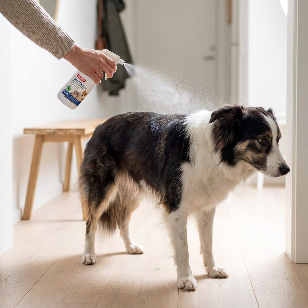 Ägare sprejar Beaphar Dimethicare Spray längs ryggen på en border collie i en skandinavisk hall
