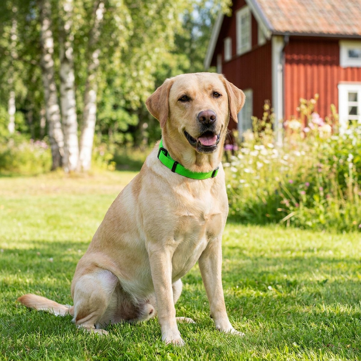 Labrador med knallgrönt Petwise fästinghalsband sitter i en somrig svensk trädgård med rött hus i bakgrunden
