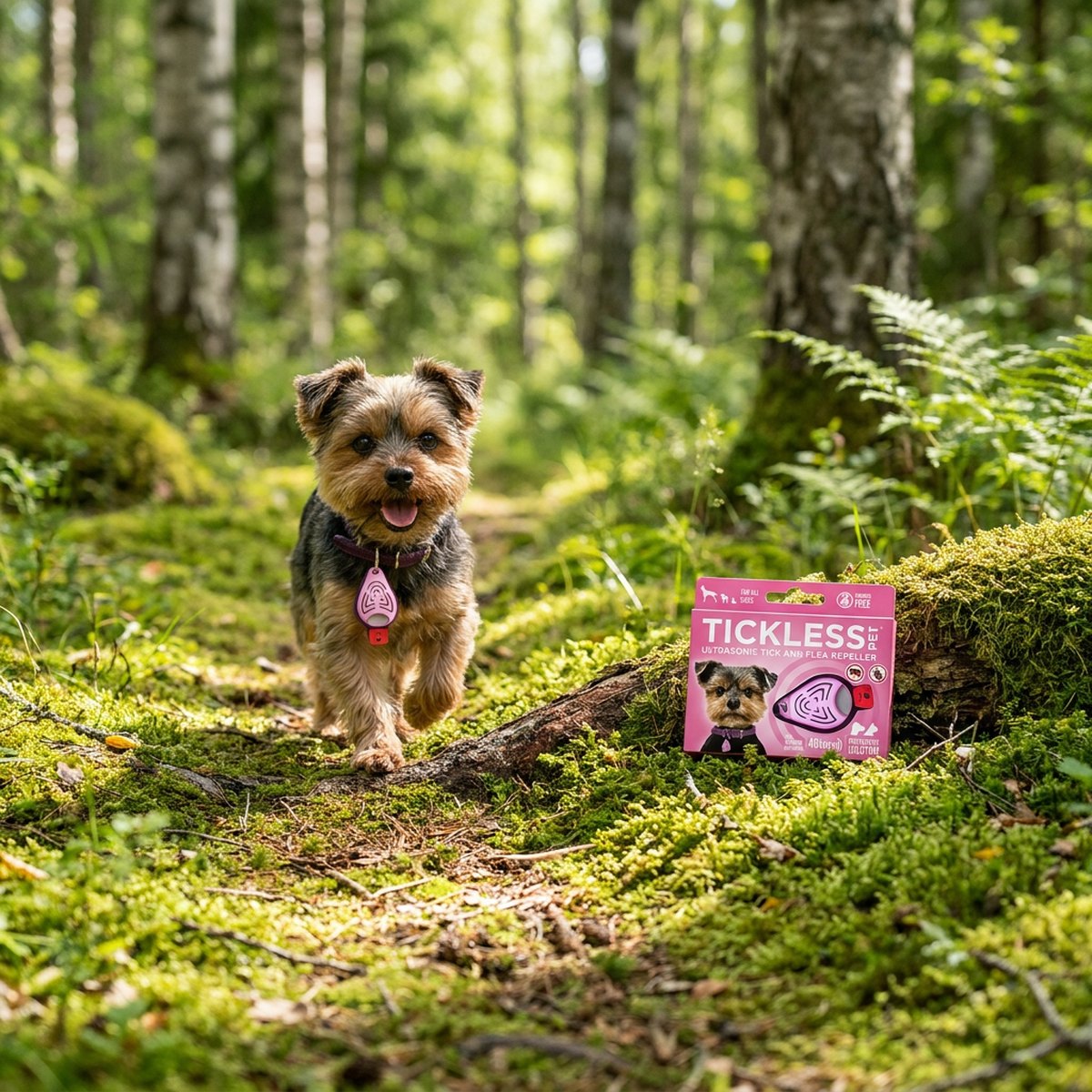 Yorkshire terrier springer på mossbevuxen skogsstig med rosa Tickless Pet-enhet i halsbandet och förpackningen på en stock bredvid