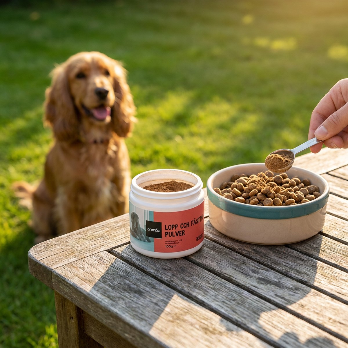 Animigo lopp- och fästingpulver skopas över hundmat på ett trädgårdsbord med en glad spaniel i gräset