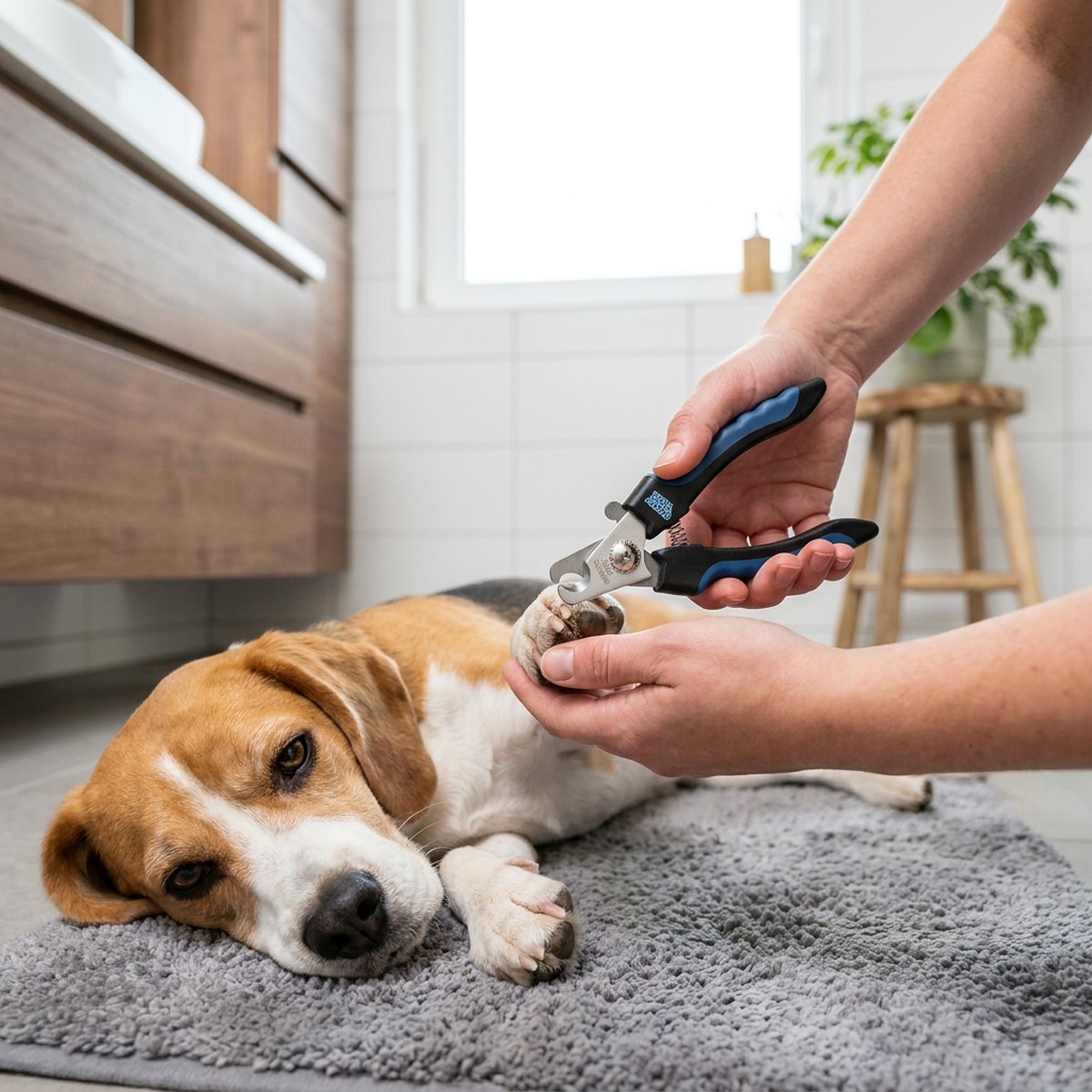 Hand som använder en svart och blå saxmodell-klotång på en beagles tass på ett badrumsmattor
