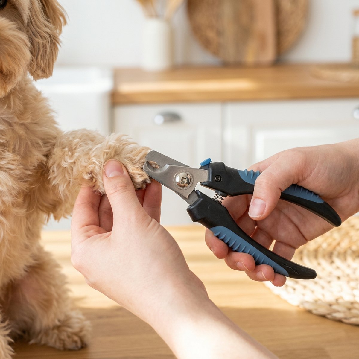 Liten fluffig hund på köksbordet medan en hand håller en svart Trixie klotång vid tassen