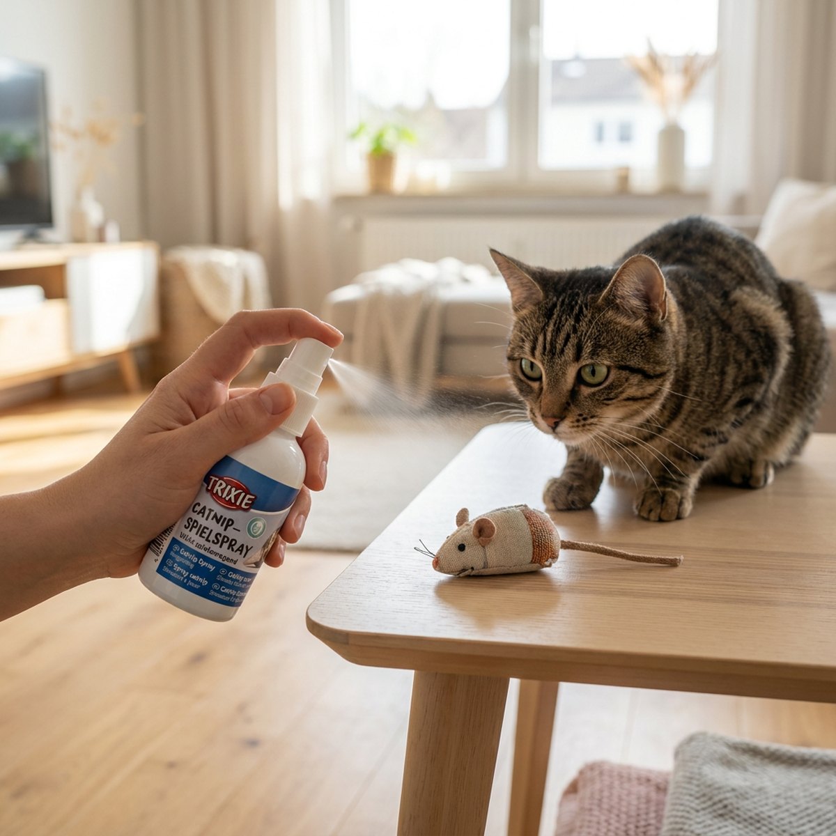 En hand sprayar Trixie Catnip Spray mot en kattleksak på ett bord medan en tabbyskatt tittar nyfiket på