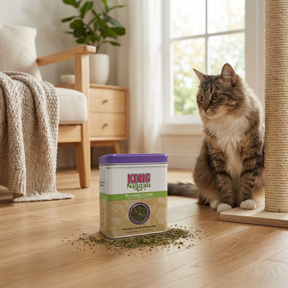 KONG Naturals kattmynta-plåtburk med lila lock på trägolv, fluffig katt sitter bredvid en klöspelare