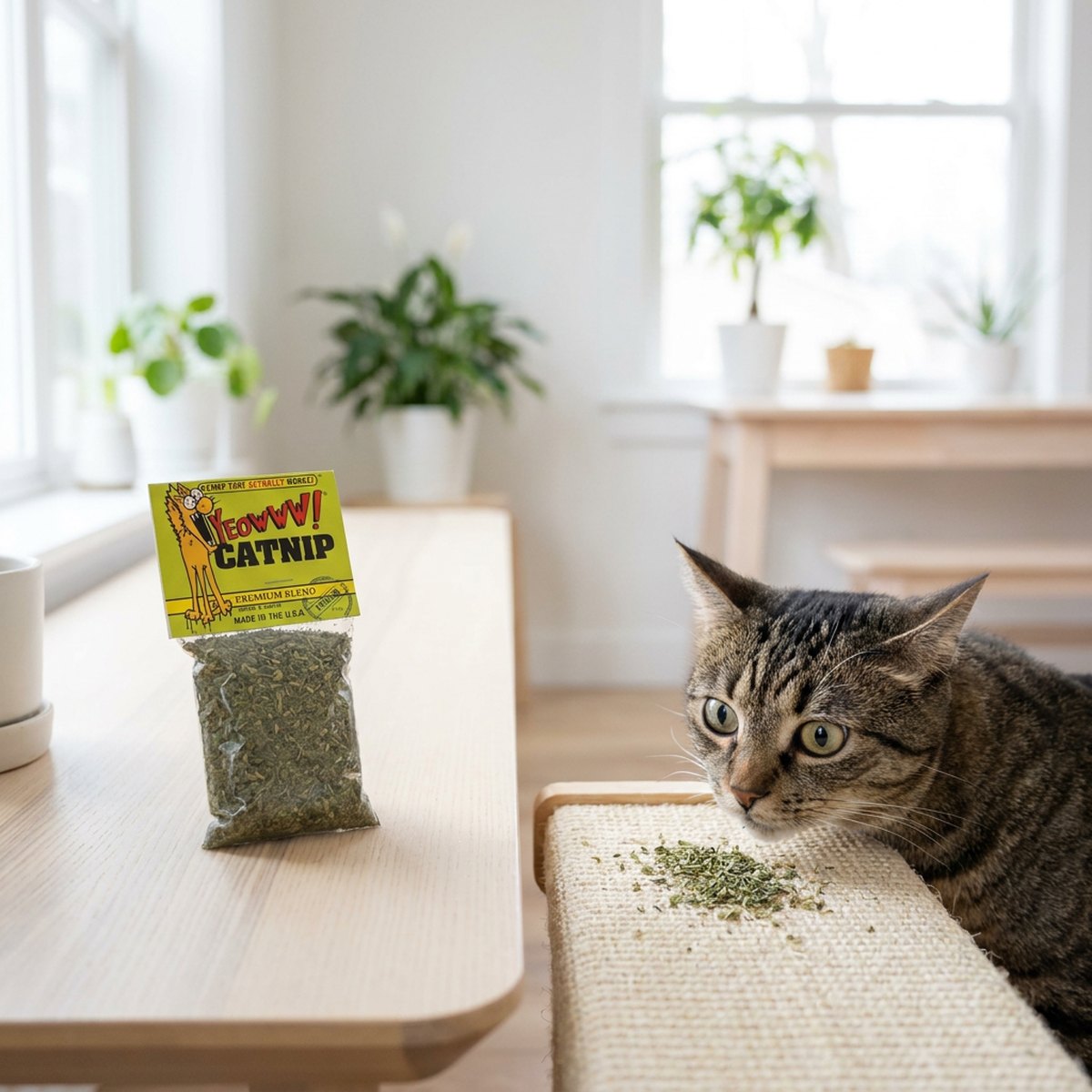 Påse med Yeowww! lösvikt kattmynta på ett bord, katt sniffar en klöspelare med mynta bredvid