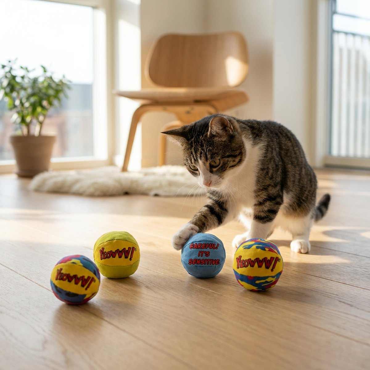 Tre Yeowww! kattmyntabollar utspridda på ett trägolv med en lekfull katt som tar på en av bollarna