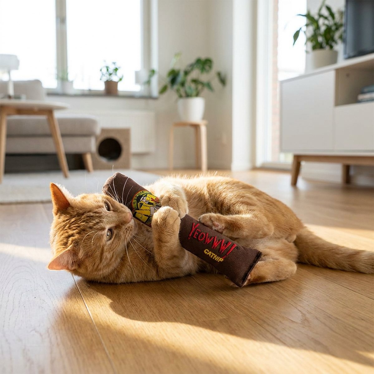 En orange katt gör en bunkyspark med bakbenen mot en Yeowww! kattmynta-cigarr på ett ljust trägolv