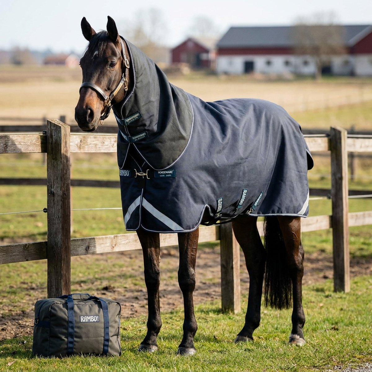 Häst med mörkblått Horseware Rambo Duo Force modulärt utetäcke i hage med trästaket