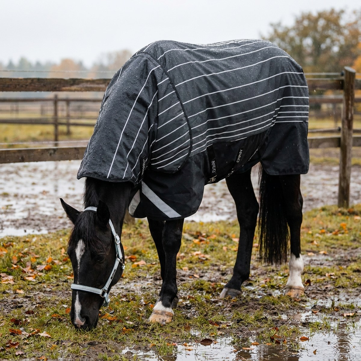 Svart häst i svart Horseware Amigo-utetäcke med invävda reflexränder betar i regnvåt hösthage