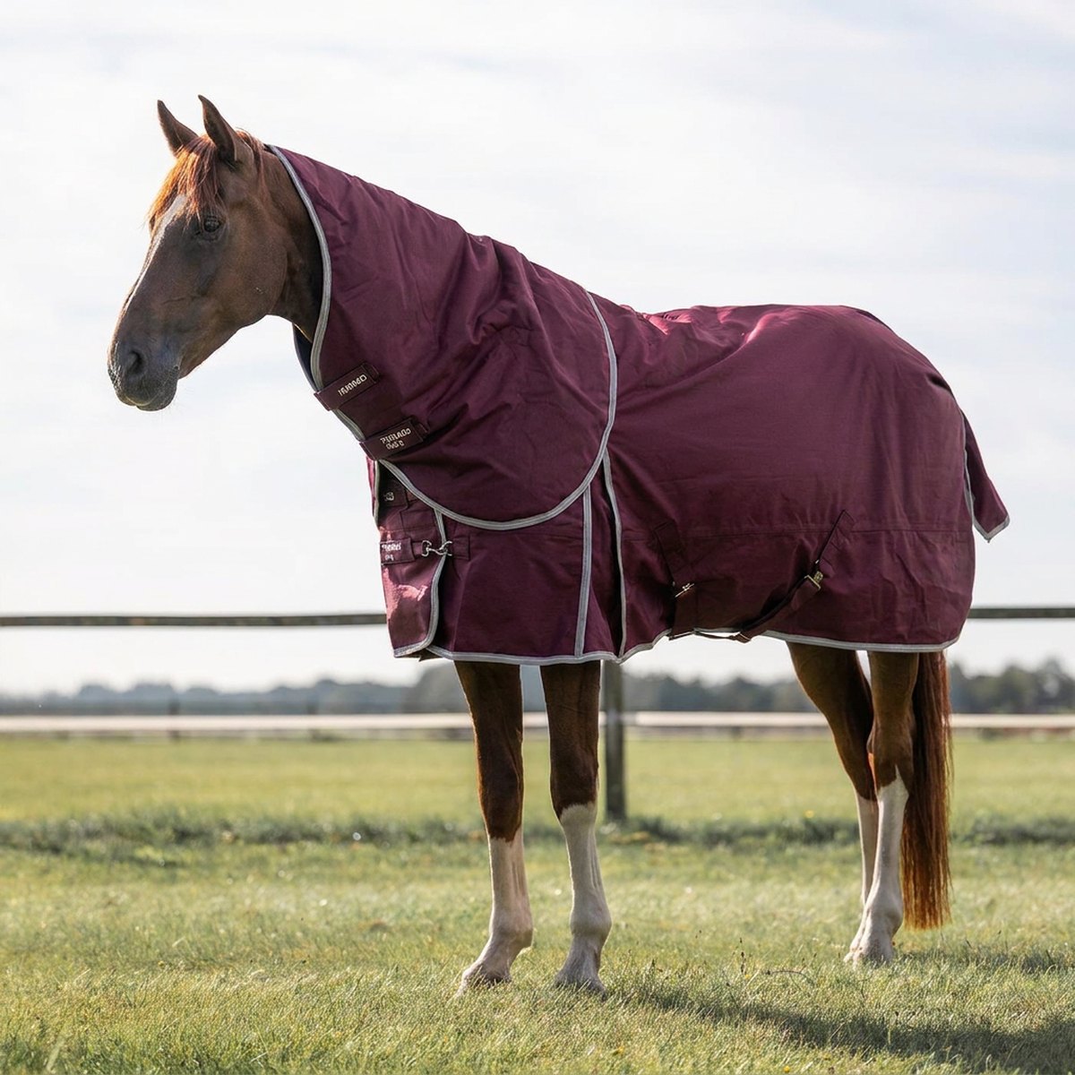 Häst med marinblått Fairfield Tornado utetäcke i grön paddock med trästaket