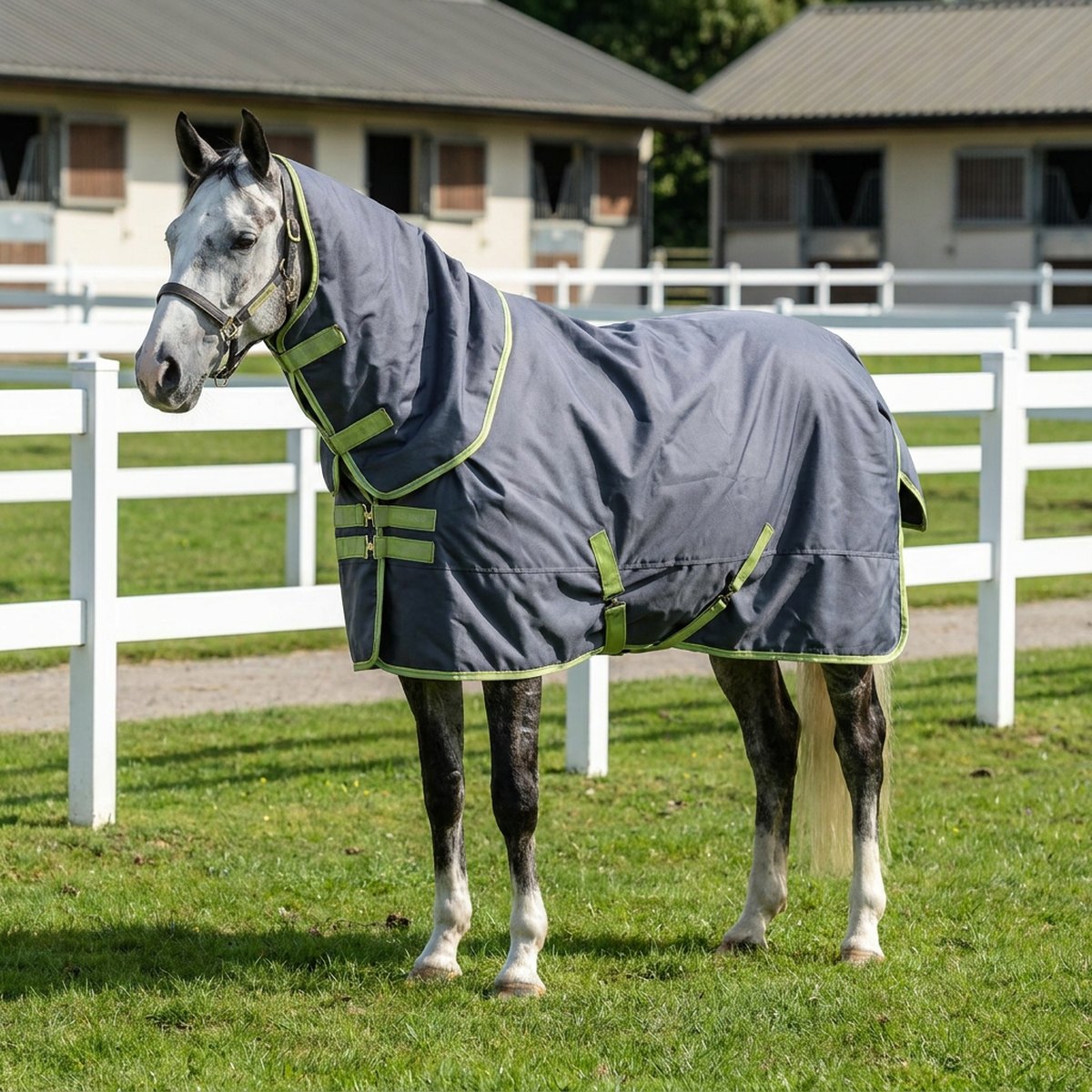 Häst med grålimegrönt Bucas Oasis Turnout utetäcke med avtagbar hals i solig paddock