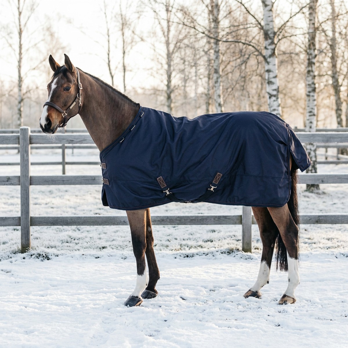 Brun häst i marinblått Kentucky-utetäcke utan hals i en snöig hage med björkar