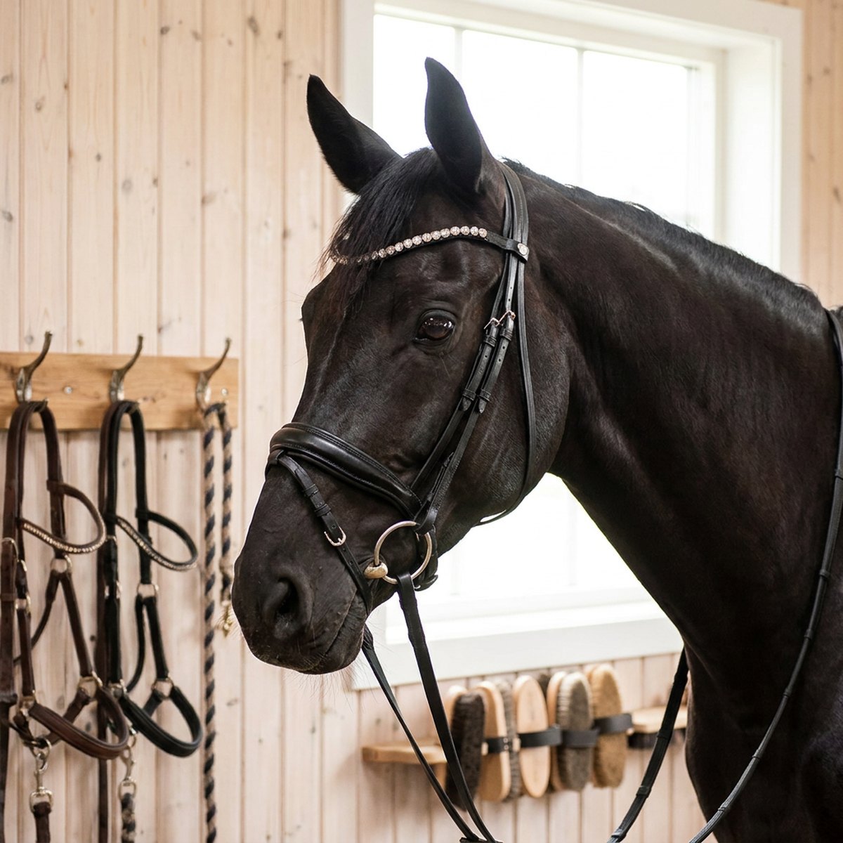 Häst med svart Kavalkade Fortuna KavalSH4 premiumträns med crank-nosgrimma, i en ren skandinavisk stall