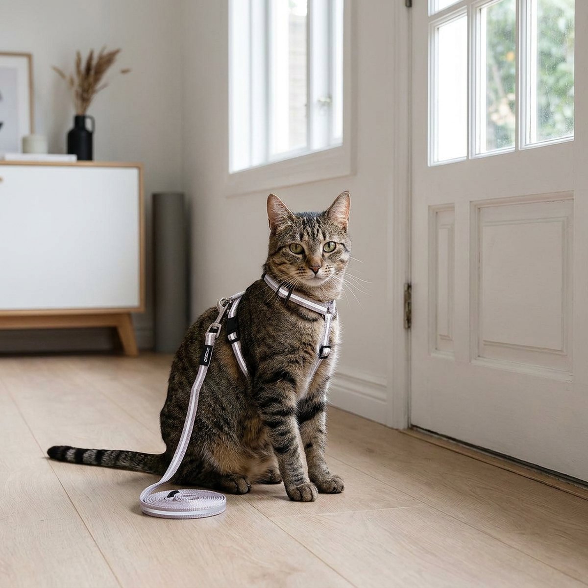 Tabbystrimmig katt bär en silvrig reflekterande H-sele med matchande koppel i en ljus skandinavisk hall nära ytterdörren