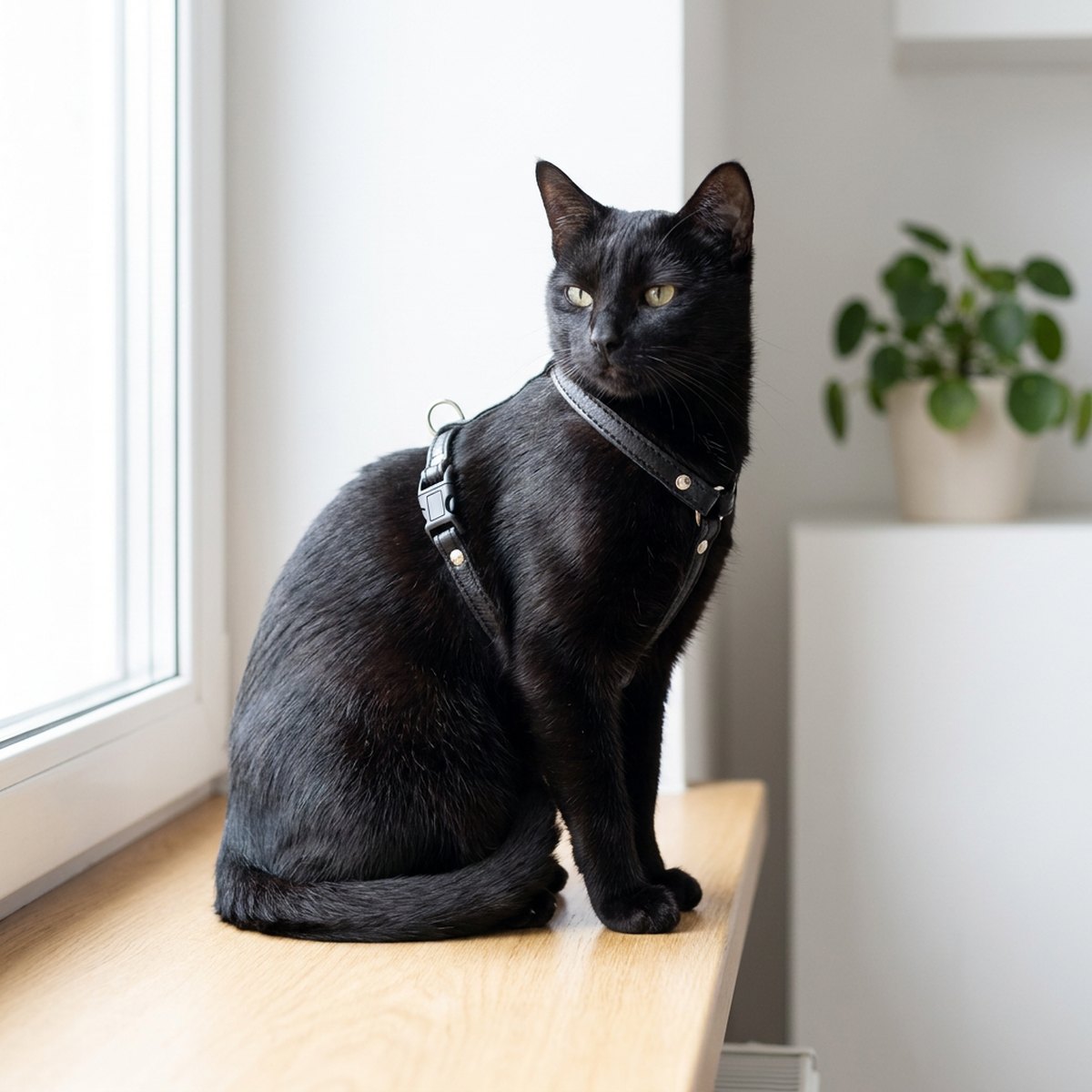 Svart katt bär en smal svart lädersele med silverbeslag sittandes på en fönsterbräda i ett minimalistiskt skandinaviskt rum