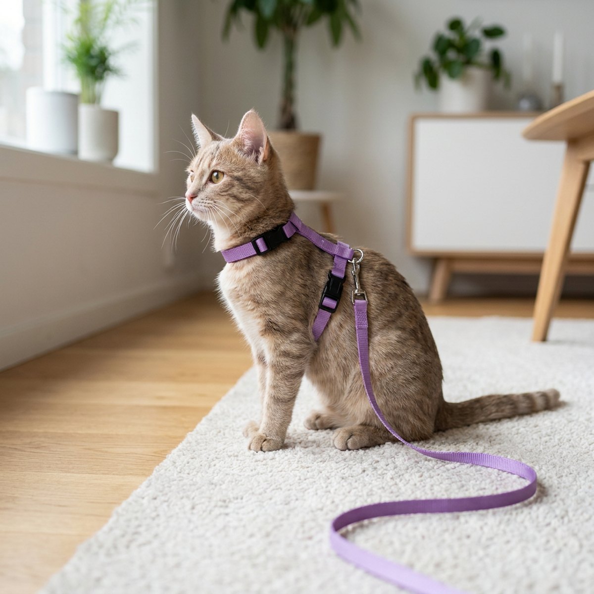 Ung katt bär en lila nylon H-sele med matchande lila koppel på en vit matta i ett ljust skandinaviskt vardagsrum