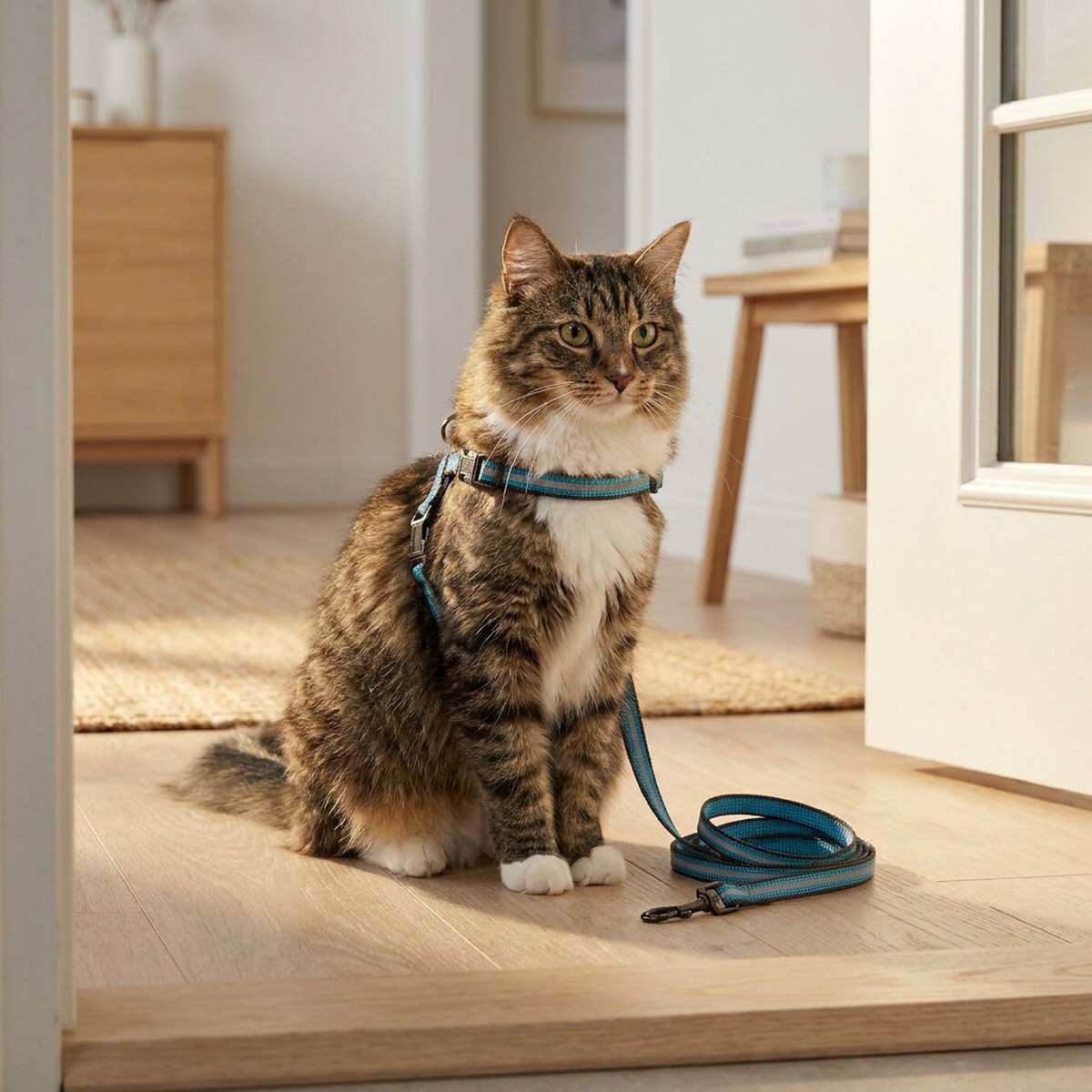 Katt bär en blågrön reflekterande H-sele med matchande koppel vid en öppen dörr i ett skandinaviskt hem