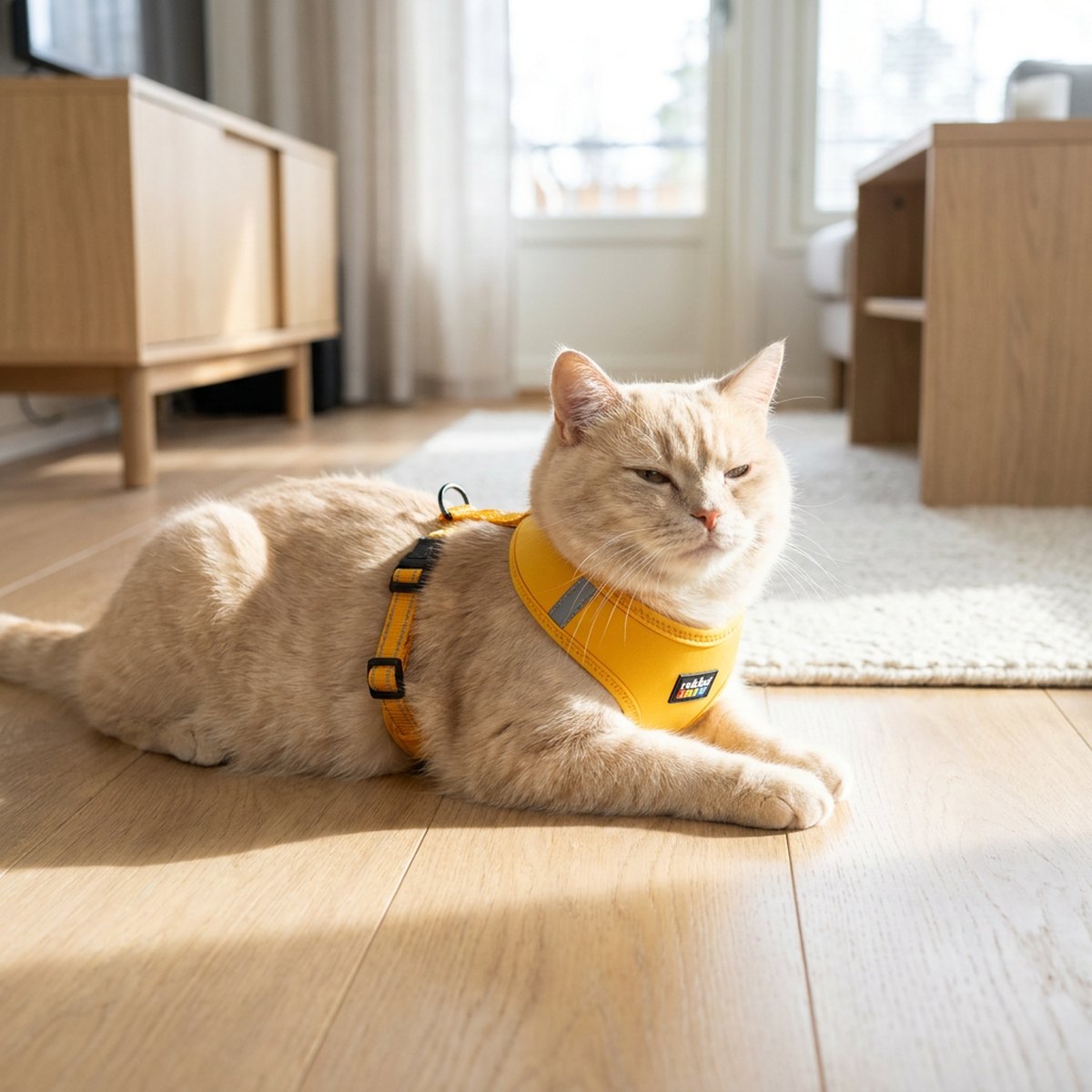 Gräddfärgad fluffig katt liggar avslappnad i solljus med en gul vadderared neopren Y-sele på ett ljust trägolv