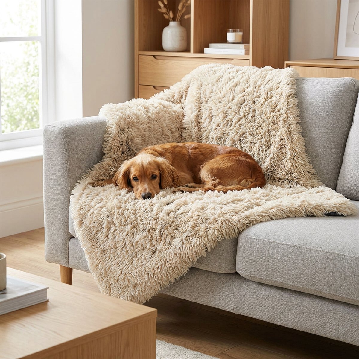 Golden retriever som sover i en beige raggig plyschfilt på en skandinavisk soffa