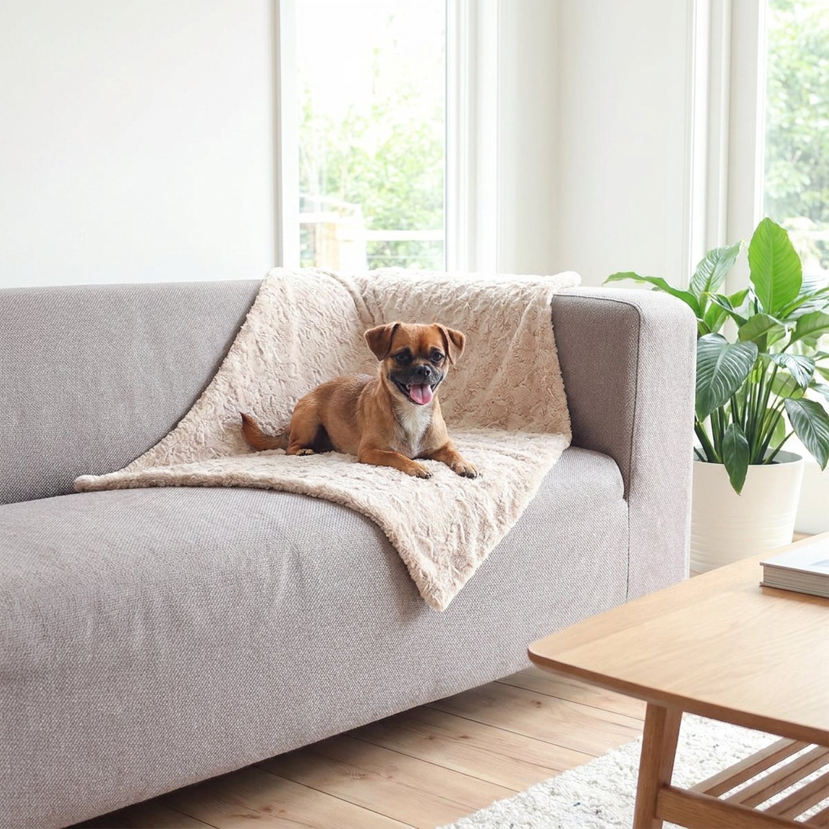 Liten brun hund som sitter på en beige plyschfilt på en grå soffa