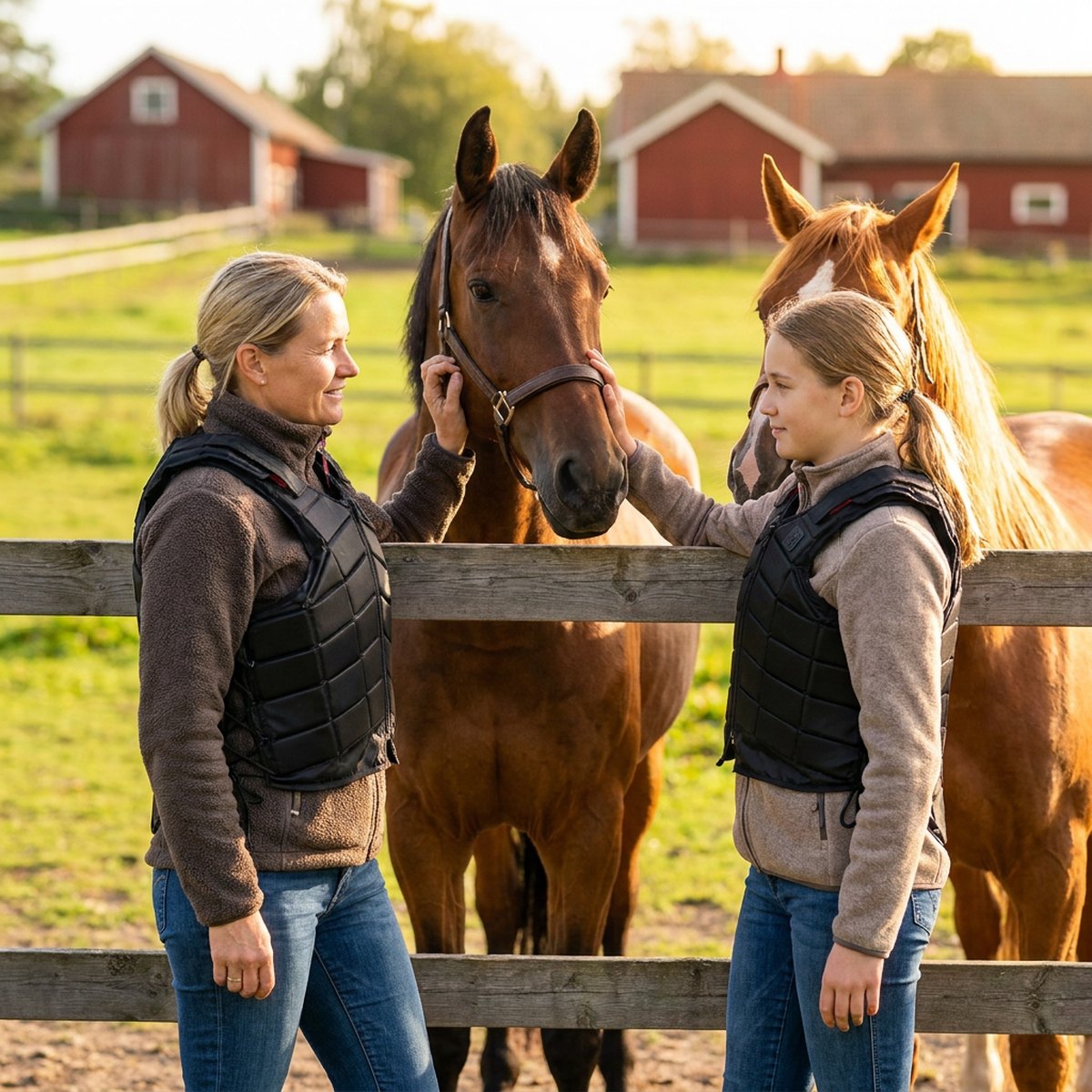 Vuxen och barn i svarta Hansbo Sport säkerhetsvästar klappar hästar vid trästaket på en skandinavisk gård
