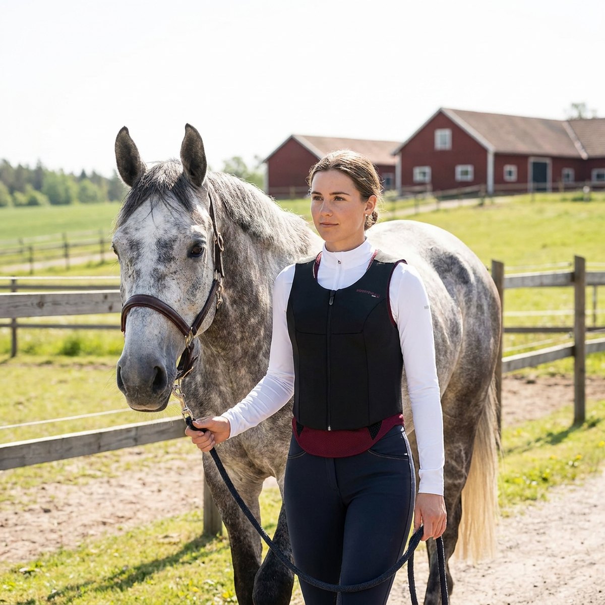 Ryttare i svart och bordeaux Komperdell Ballistic Flex slim-fit väst leder en grå häst på en gård
