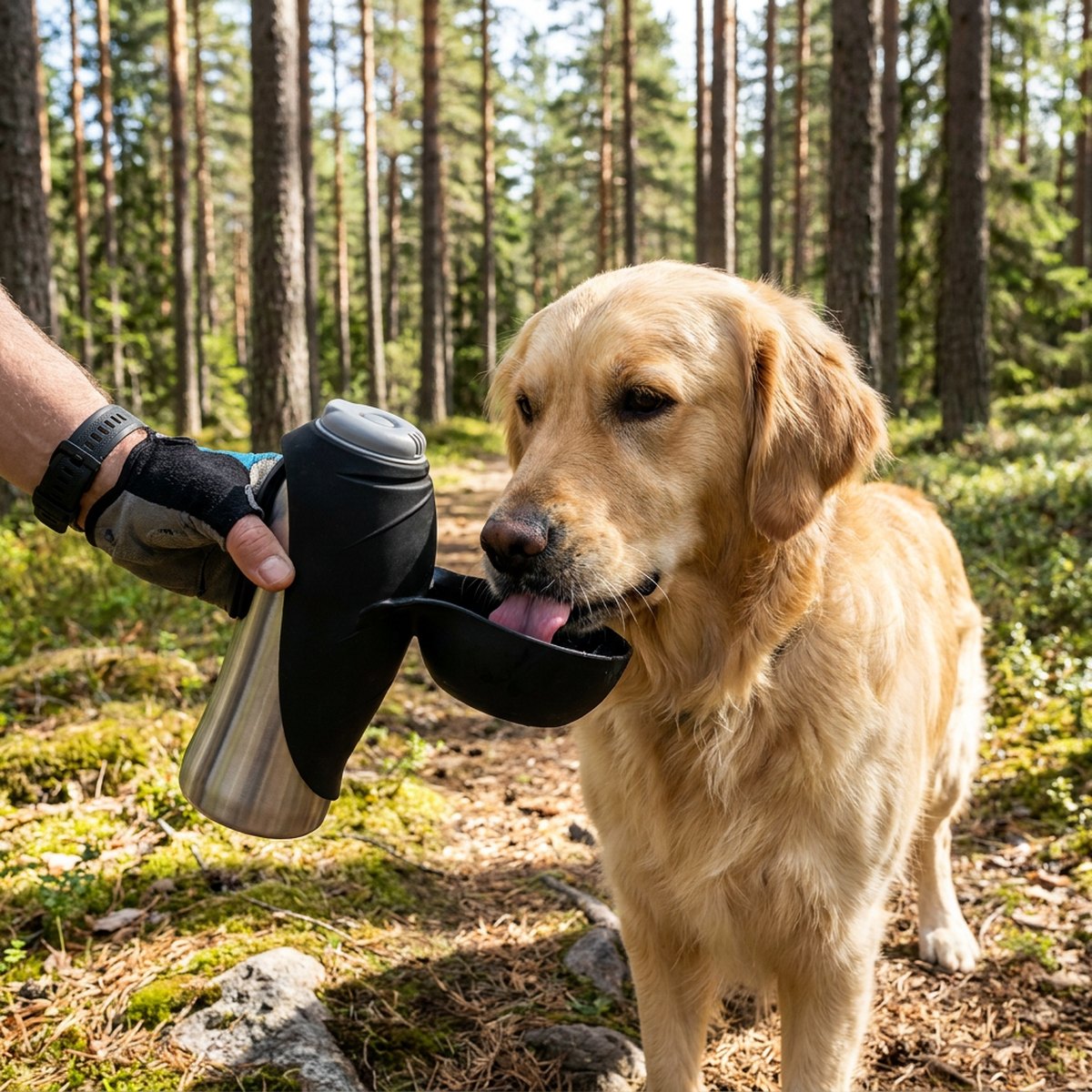 Stor hund dricker ur Little and Bigger Travels utfällda sleeve-skål i skandinavisk tallskog
