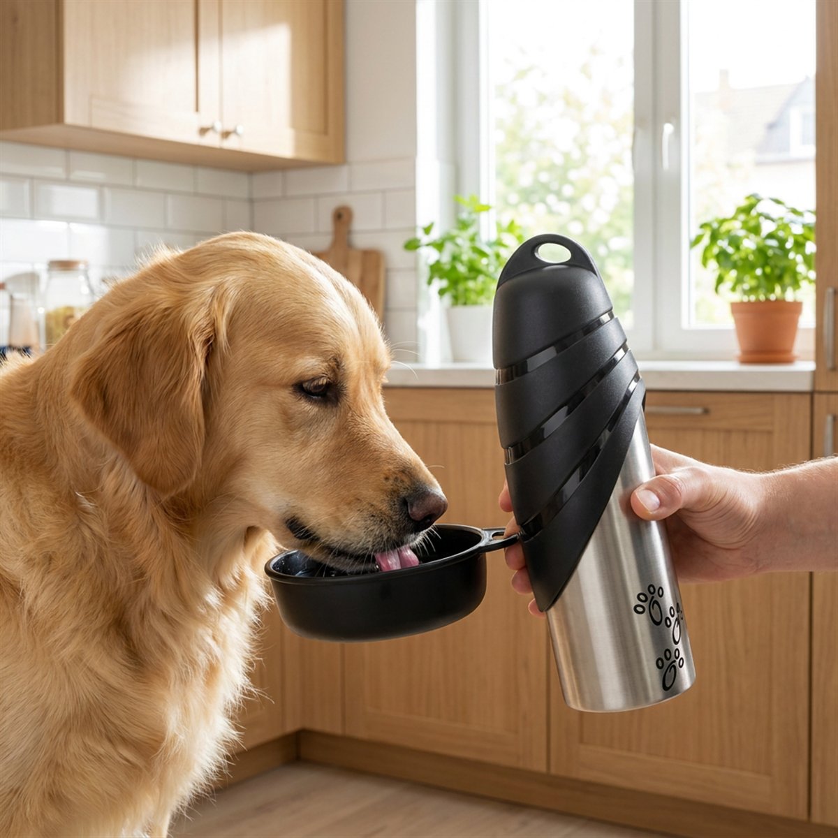 Hund dricker ur Trixie Rostfri-flaskans avtagbara skål på ett kök, stålflaskan synlig i bakgrunden