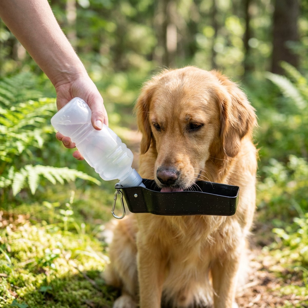 Hund dricker ur Trixie Dog on Tours utfällbara skål i skogsmark, flaskan hålls av ägare