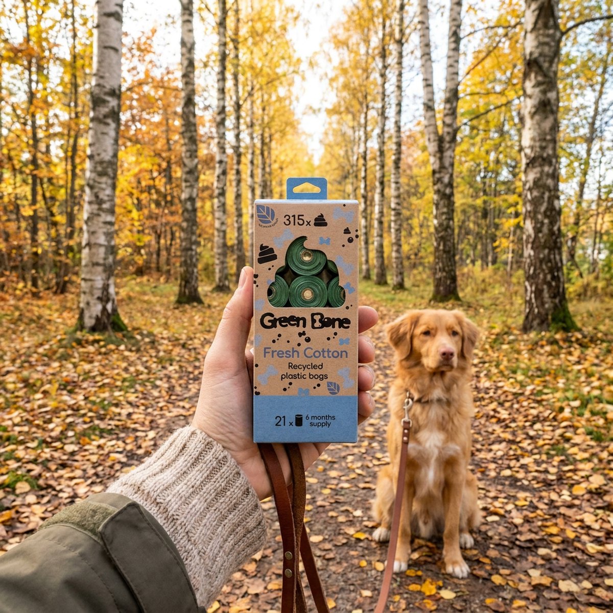 Hand håller Green Bone Fresh Cotton storpack med 315 bajspåsar mot björkskog med hund i bakgrunden
