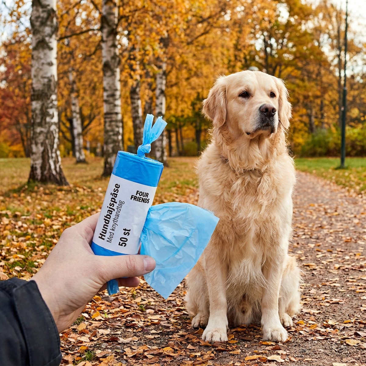 Hand håller en blå FourFriends bajspåserulle med golden retriever på höststig i skandinavisk park