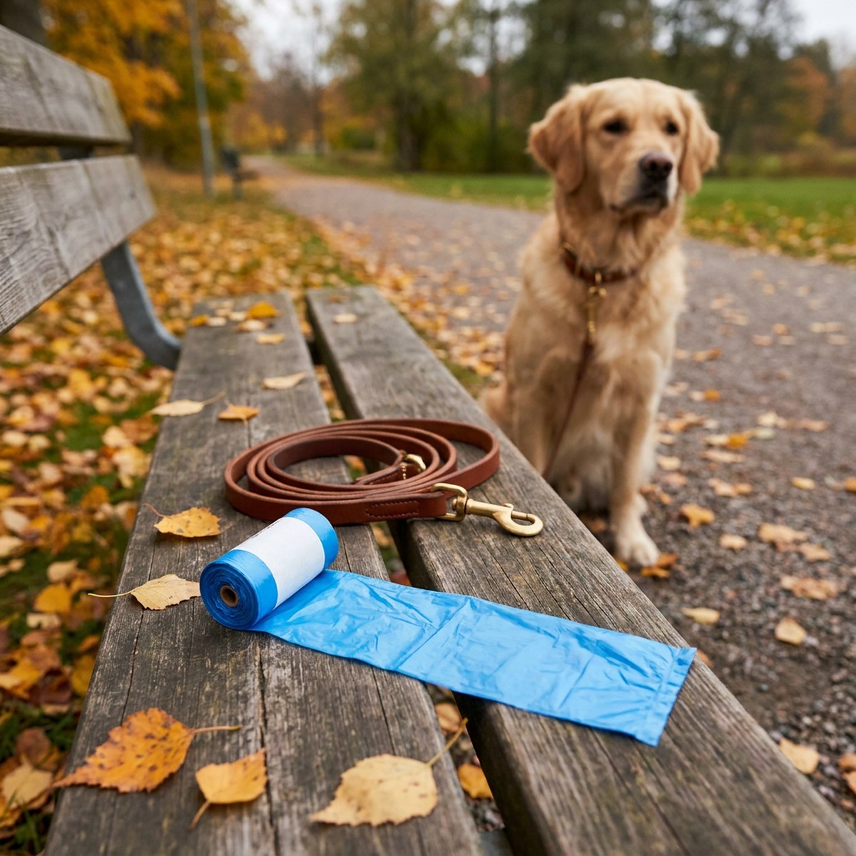 Blå FourFriends bajspåserulle med en utdragen påse ligger på en parkbänk bredvid ett läderkoppel, golden retriever på höststigen bakom