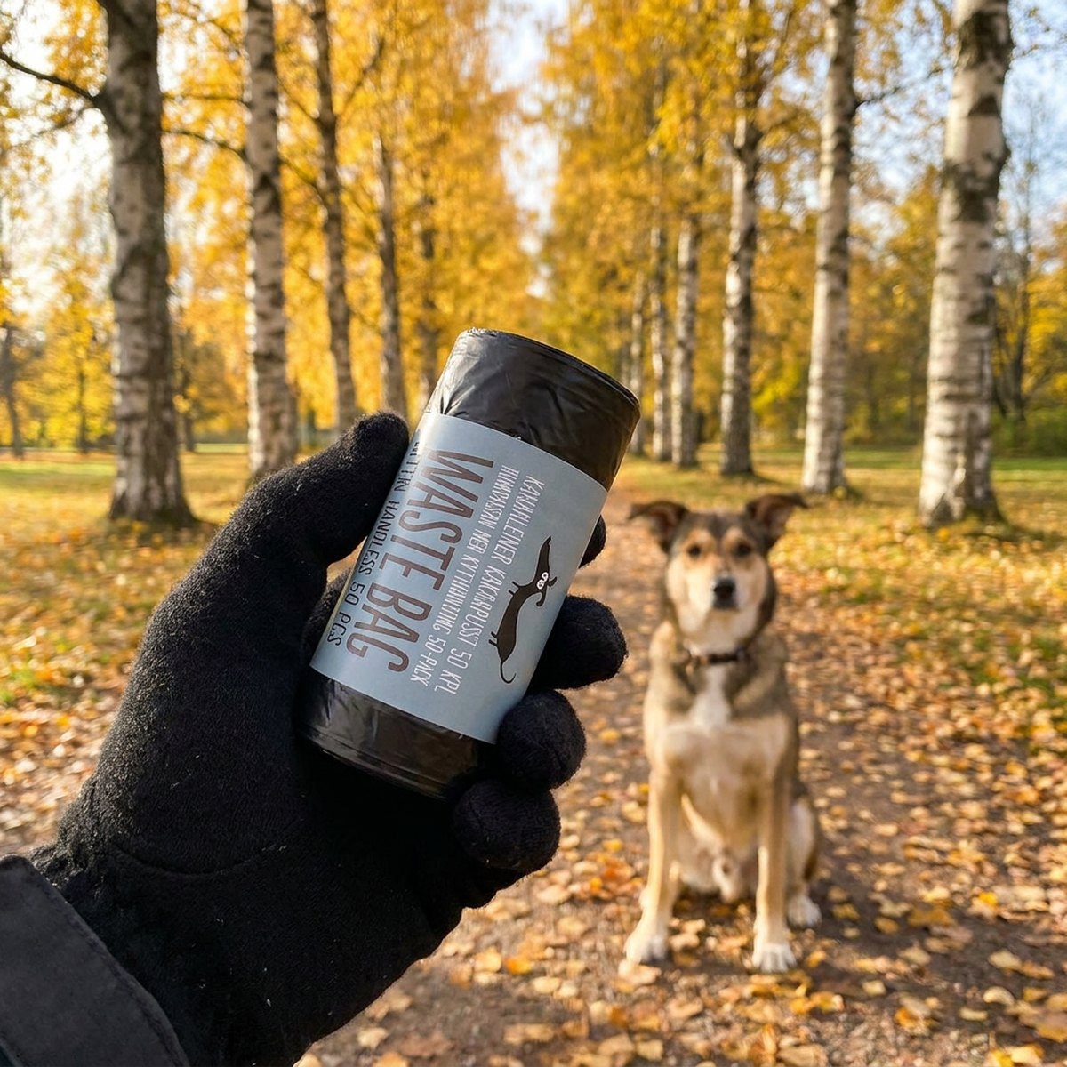 Handsklädd hand håller svart Little&Bigger Waste Bag-rulle med hund i bakgrunden i höstpark