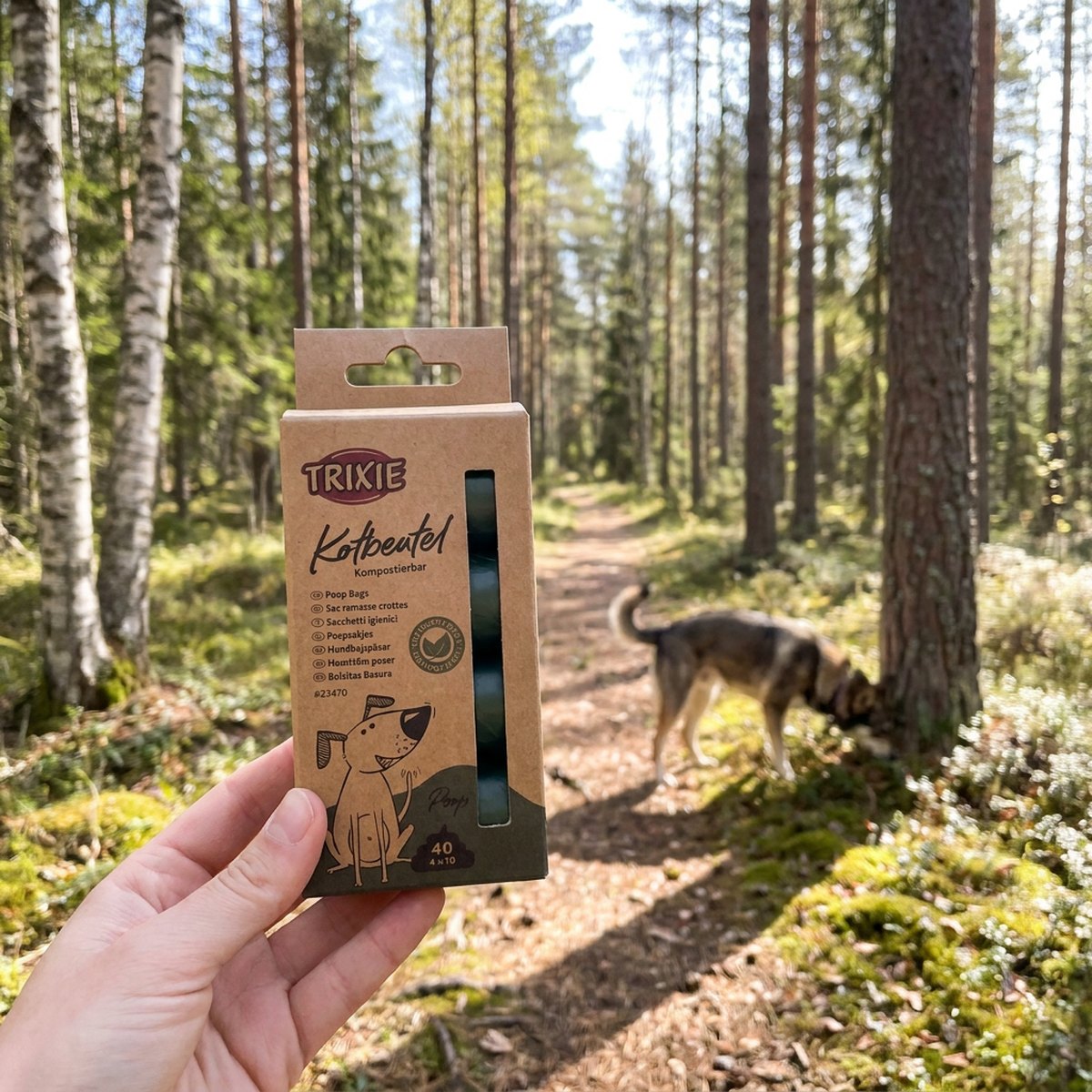 Hand håller Trixie Kotbeutel komposterbar bajspåse-kartong i skandinavisk barrskog med hund på stigen