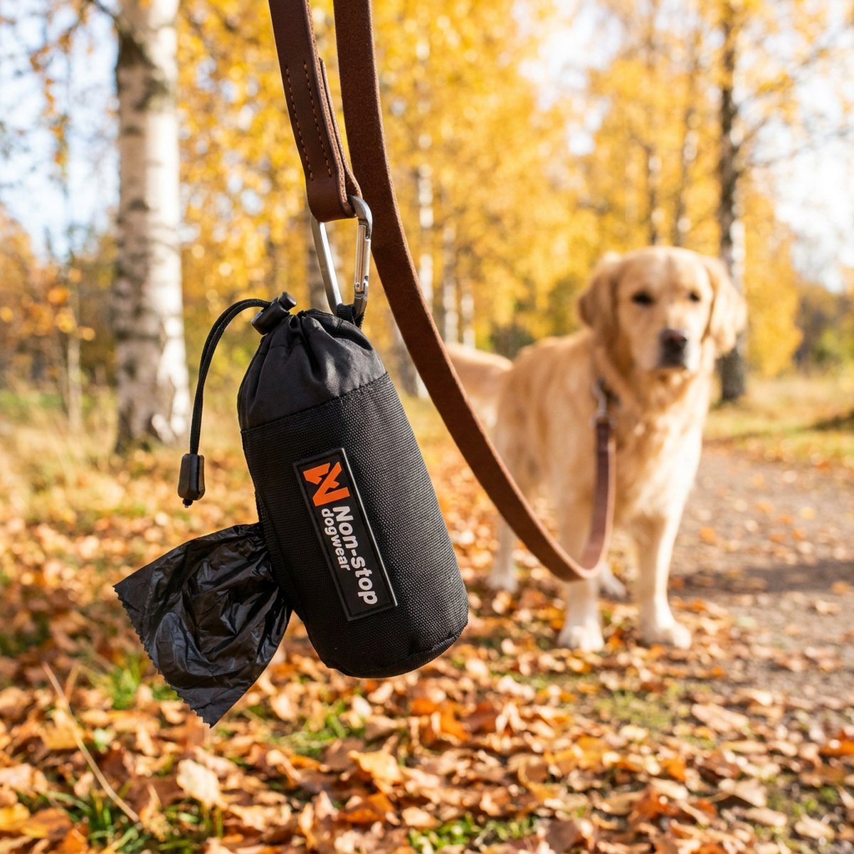Non-stop dogwear Baggy Bag 2.0 påshållare hängande på koppel med golden retriever i höstpark
