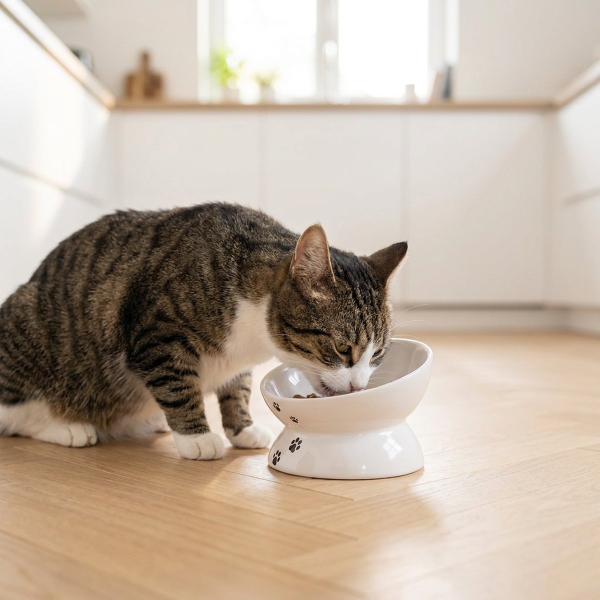 Katt som äter ur en vit vinklad keramikskål med tassavtryck på ett ljust köksgolv