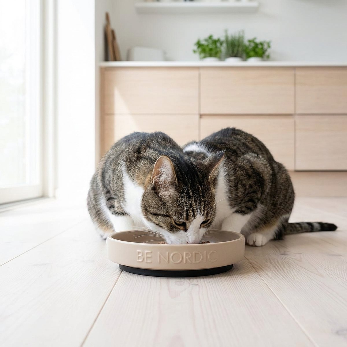 Katter som äter ur en grund beige keramikskål med texten Be Nordic på sidan