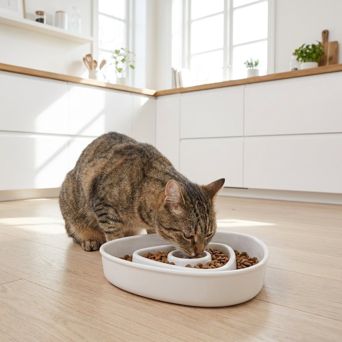Katt som äter ur en vit plastskål med upphöjda snurrade hinder i ett skandinaviskt kök