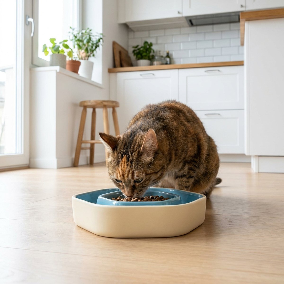 Katt som äter ur en hexagonal keramik slow feeder med kremfärgad utsida och ljusblå insida på ett trägolv