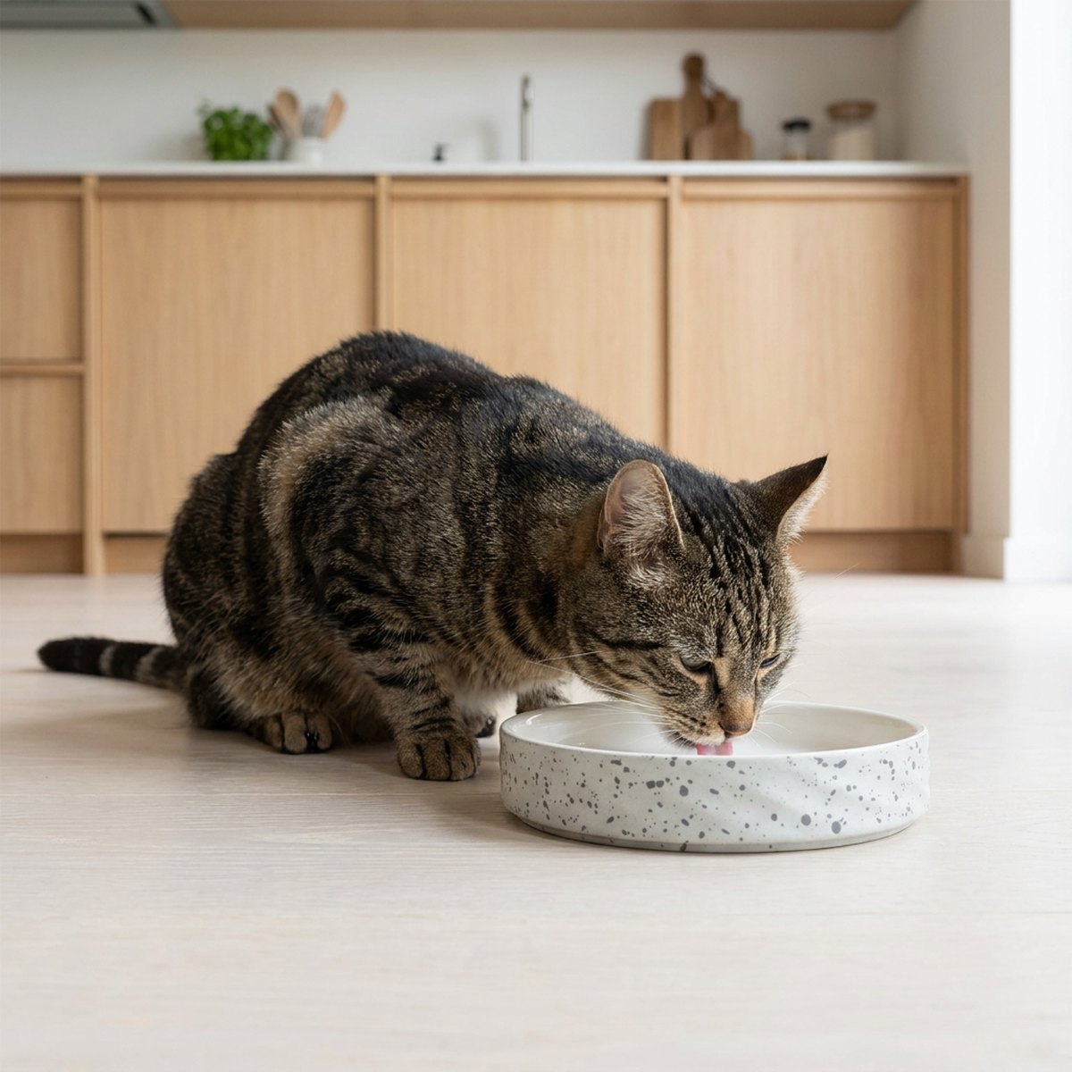 Katt som äter ur ett mycket grunt vitt keramikfat med grå prickig utsida på ett ljust köksgolv