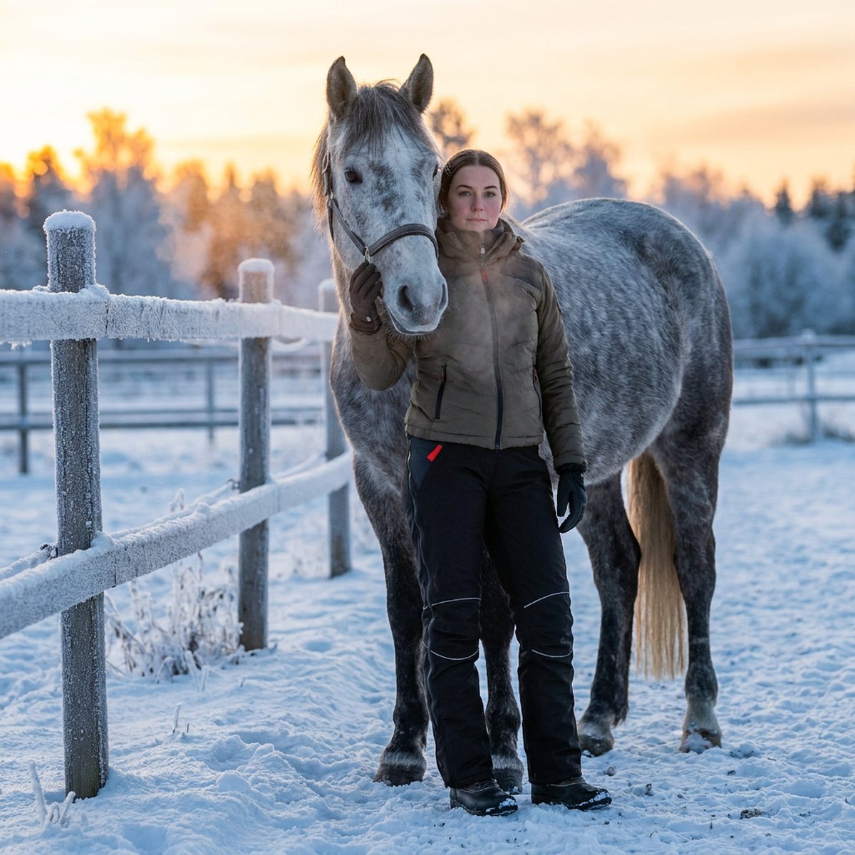 Ryttare i svarta termofodrade vinterridbyxor vid sidan av en grå häst i en snöig skandinavisk paddock i gryningsljus