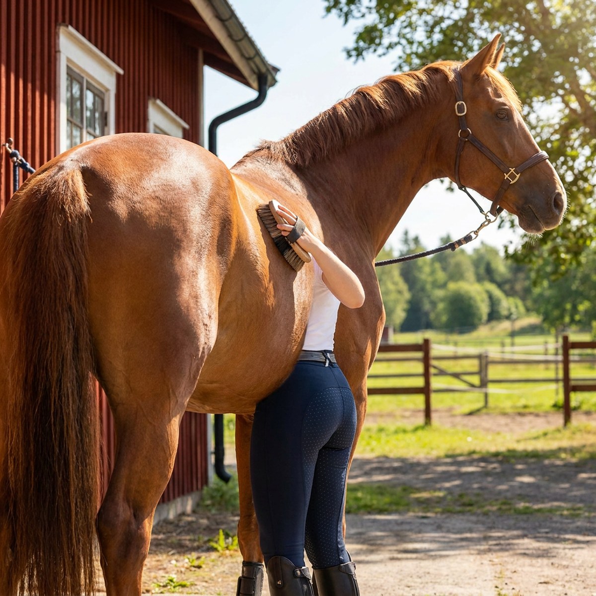 Ryttare i marinblå Equithème Claudine Grip-ridbyxor med helskott silikongrepp borstar en fuxhäst utanför ett rött svenskt stall en varm sommardag