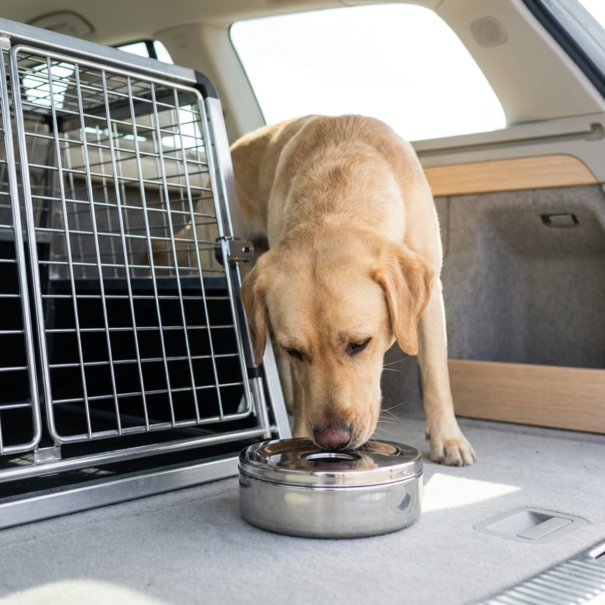 Labrador som dricker ur en rostfri antiskvätt-skål med lock ställd i bagageutrymmet intill en hundbur i bil