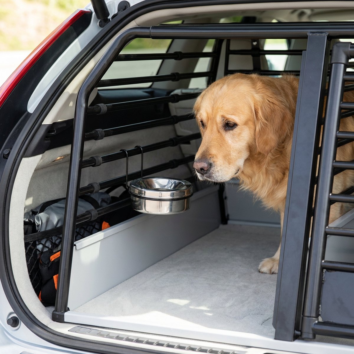 Hund i en MIMsafe transportbur i ett bilbagageutrymme med en rostfri vattenskål monterad med trådkrok på burstängerna